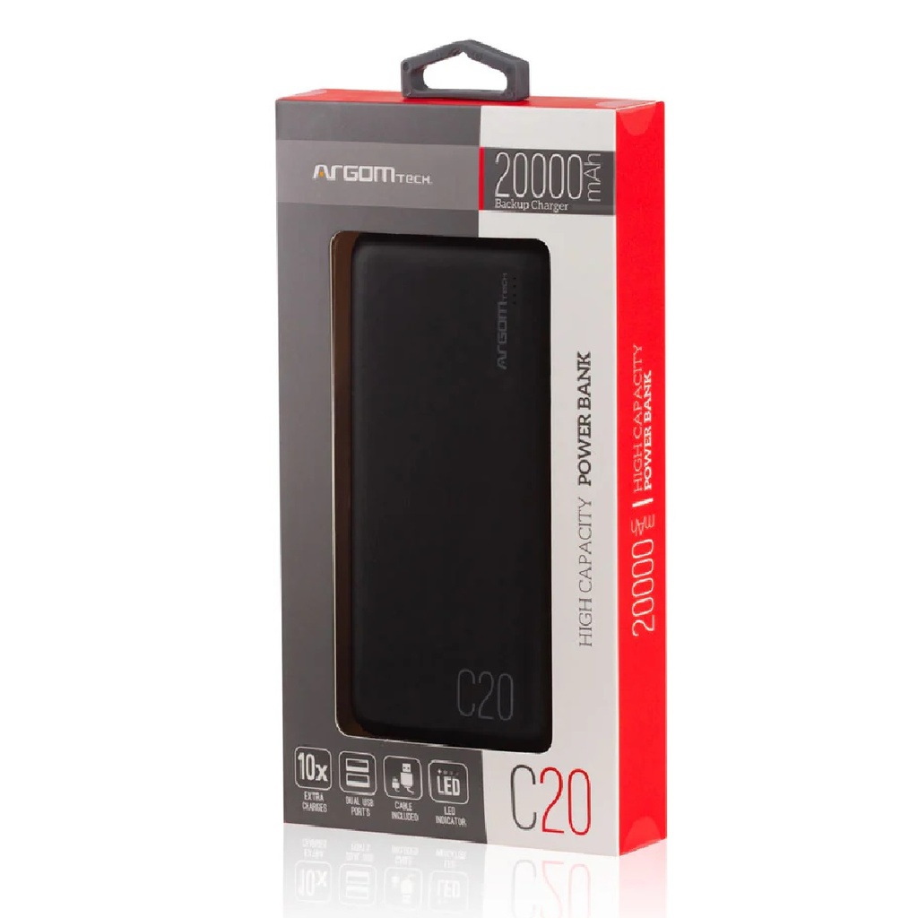 POWERBANK ARGOM ARG-PB-1145BK C20 20000MHA 5V 2.1A 2*USB-A NEGRA