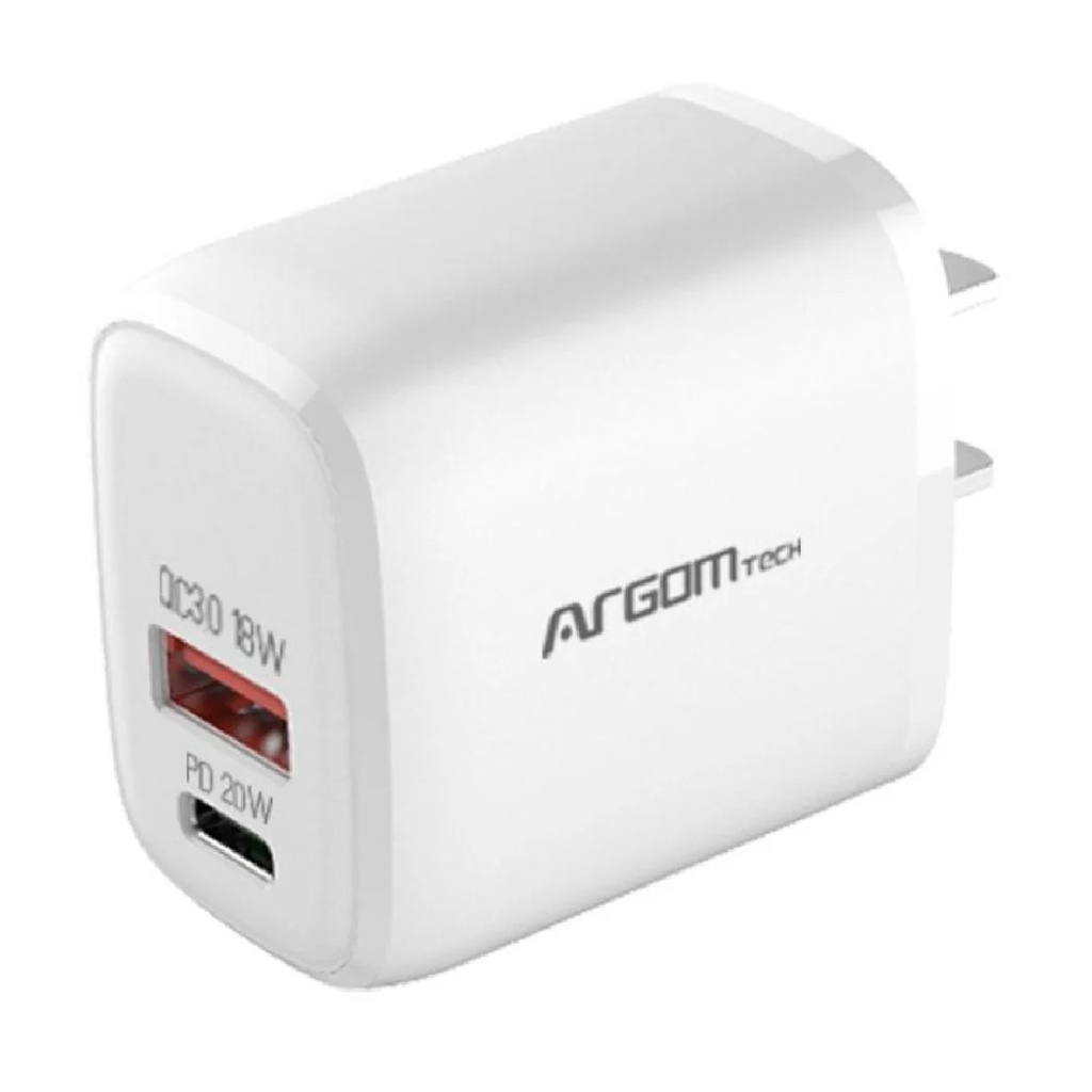 CARGADOR ARGOM ARG-AC-0115WT 1*USB-C 20W 1*USB-A 18W CARGA RAPIDA