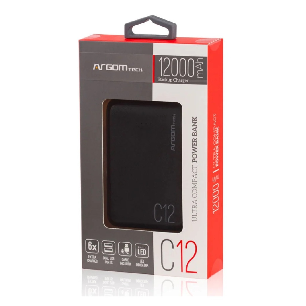 POWERBANK ARGOM ARG-PB-1138BK C12 12000MHA 5V 2.1A 2*USB-A NEGRA