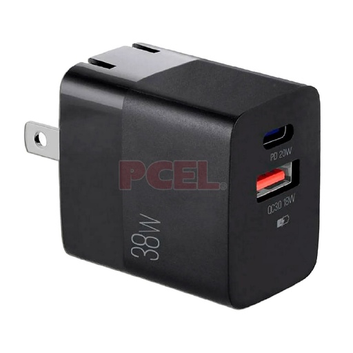 [ARG-AC-0122BK] CARGADOR ARGOM ARG-AC-0122BK 1*USB-C 20W 1*USB-A 18W CARGA RAPIDA NEGRO